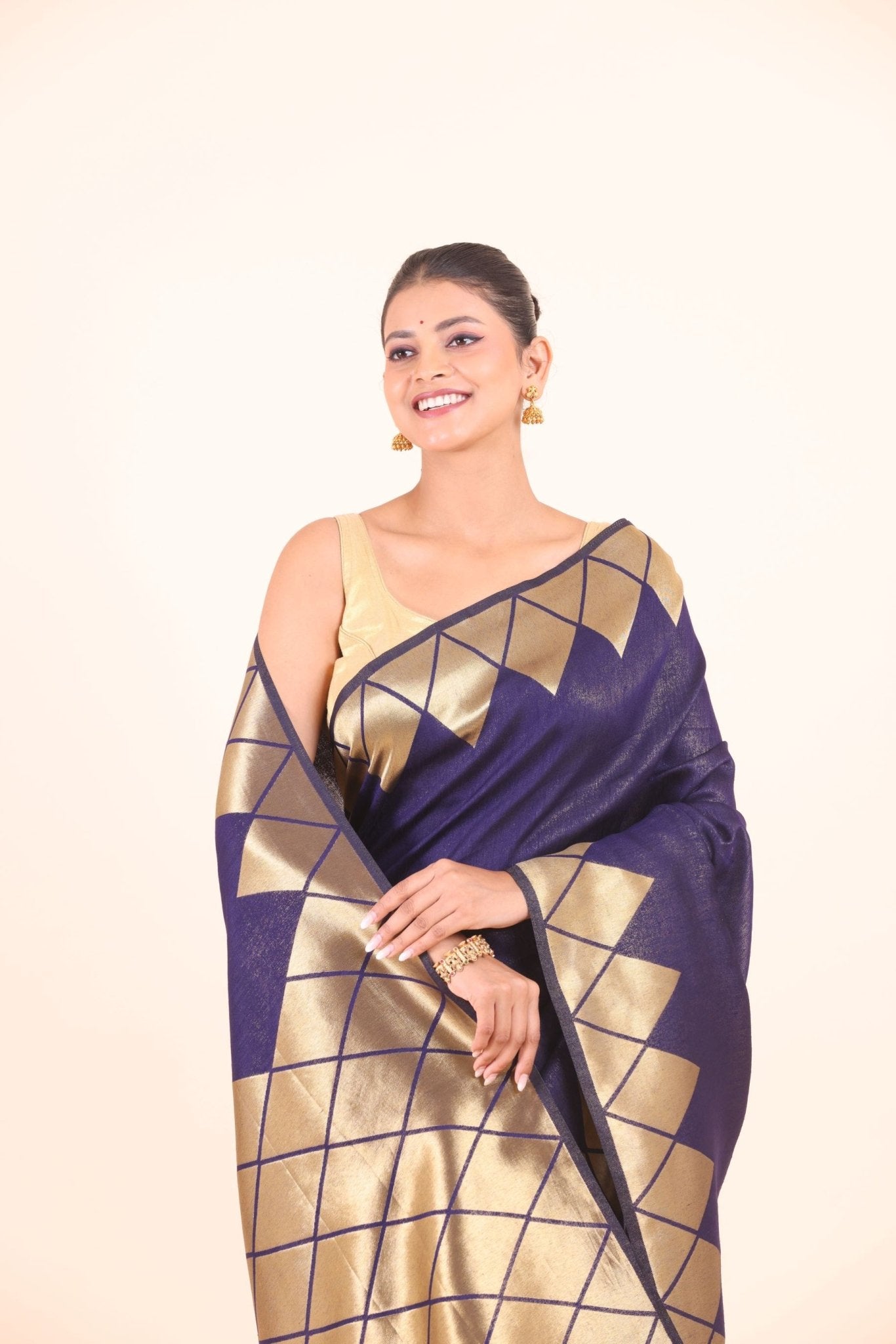 Blue Silk Saree With Golden Woven Border - Anvi Couture