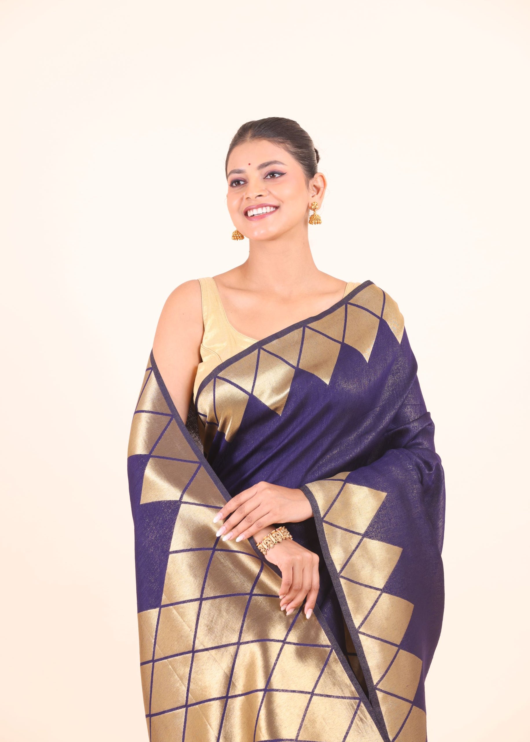 Blue Silk Saree With Golden Woven Border close up