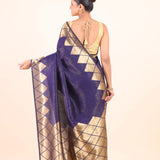 Blue Silk Saree With Golden Woven Border - Anvi Couture