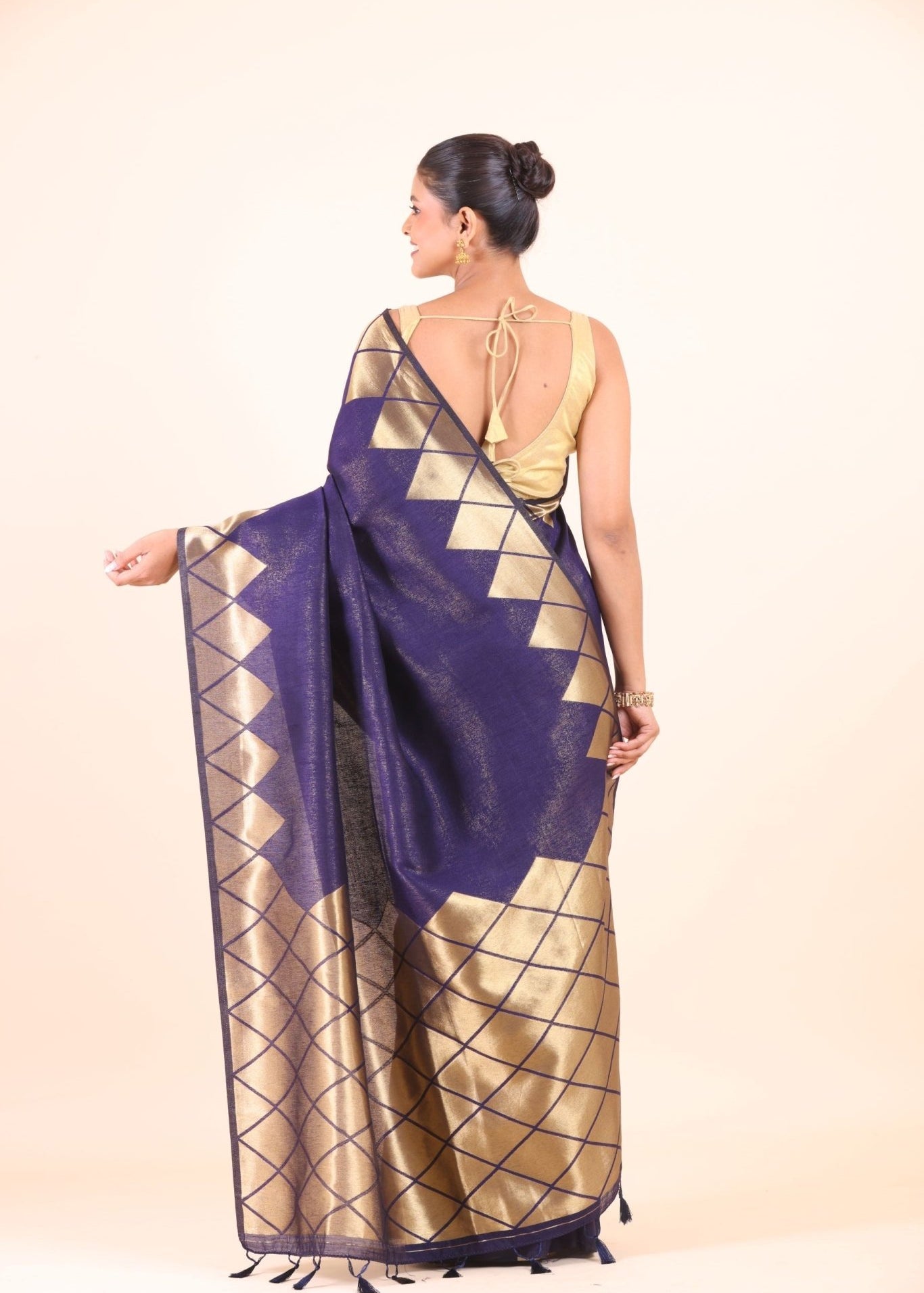 Blue Silk Saree With Golden Woven Border - Anvi Couture