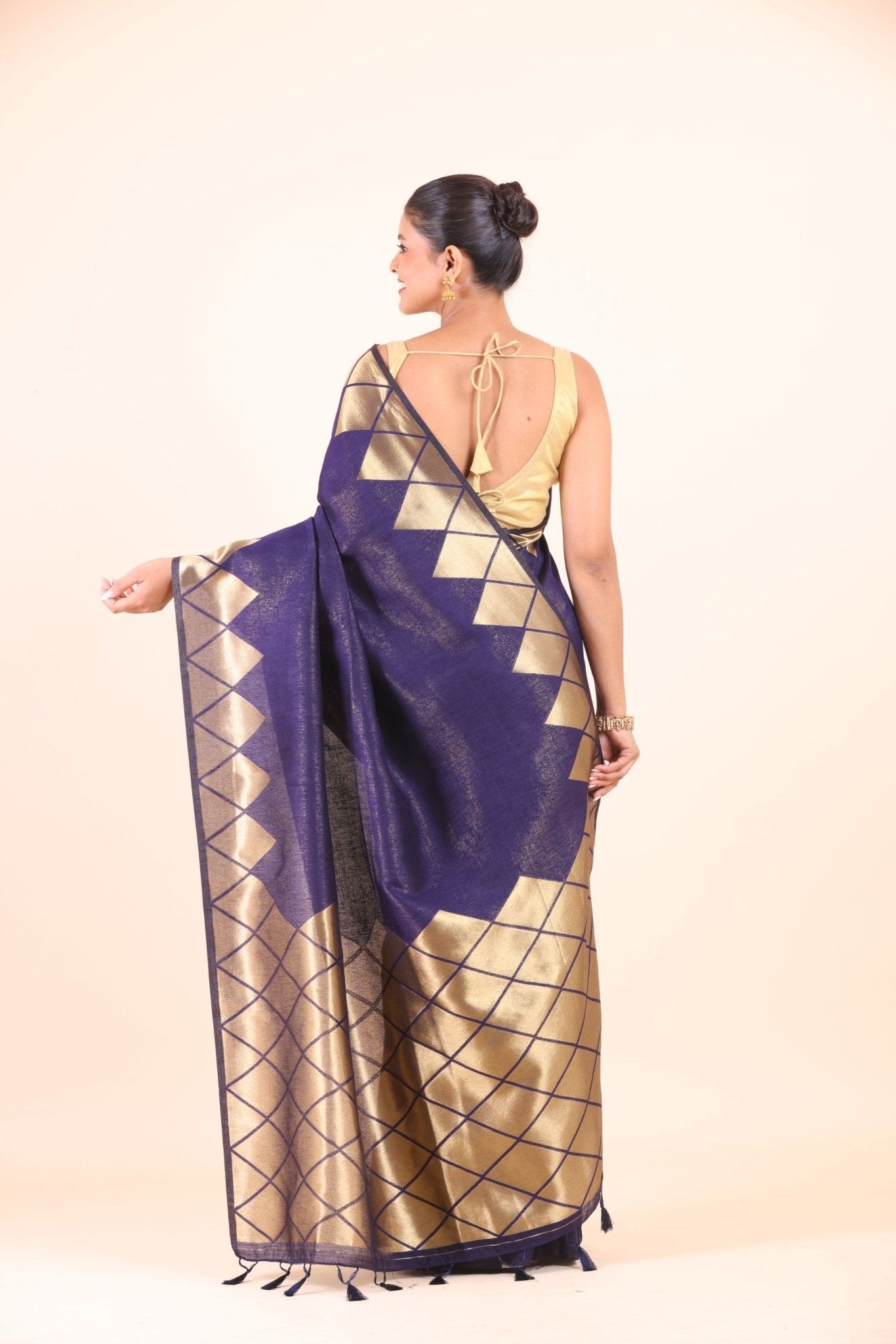 Blue Silk Saree With Golden Woven Border - Anvi Couture