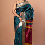 Blue Silk Saree with Golden Border and Pink Pallu - Anvi Couture