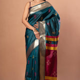 Blue Silk Saree with Golden Border and Pink Pallu - Anvi Couture