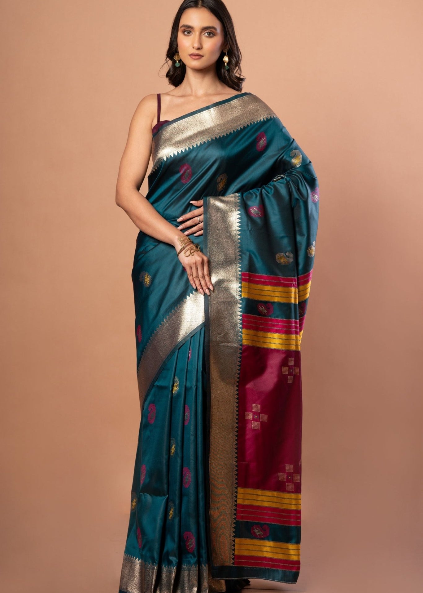 Blue Silk Saree with Golden Border and Pink Pallu - Anvi Couture