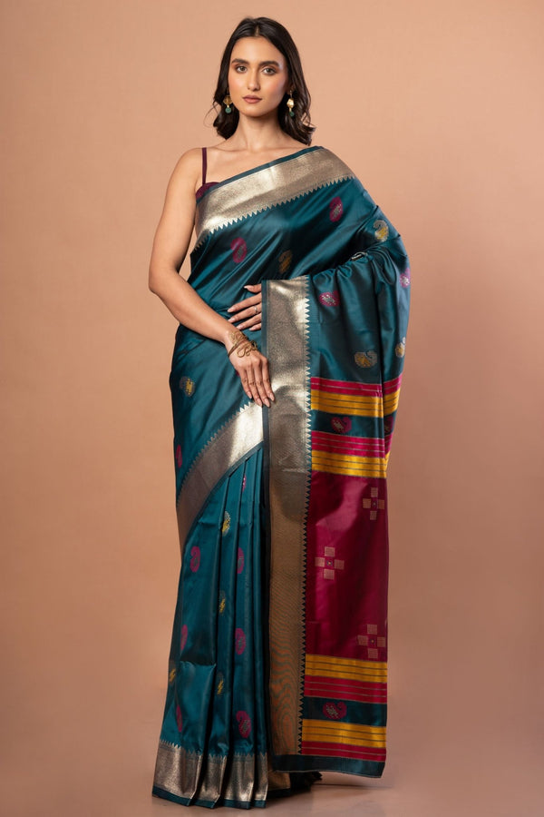 Blue Silk Saree with Golden Border and Pink Pallu - Anvi Couture