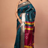 Blue Silk Saree with Golden Border and Pink Pallu - Anvi Couture
