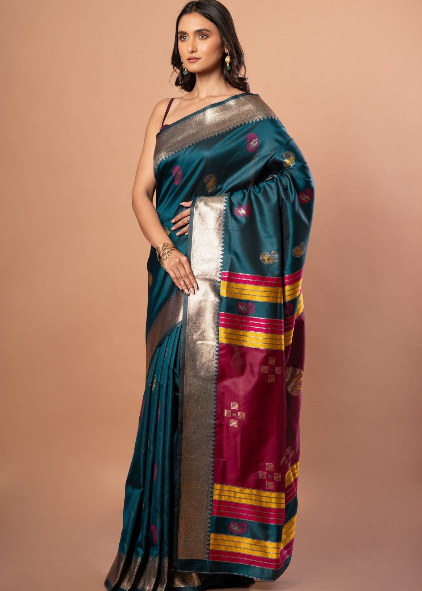 Blue Silk Saree with Golden Border and Pink Pallu - Anvi Couture