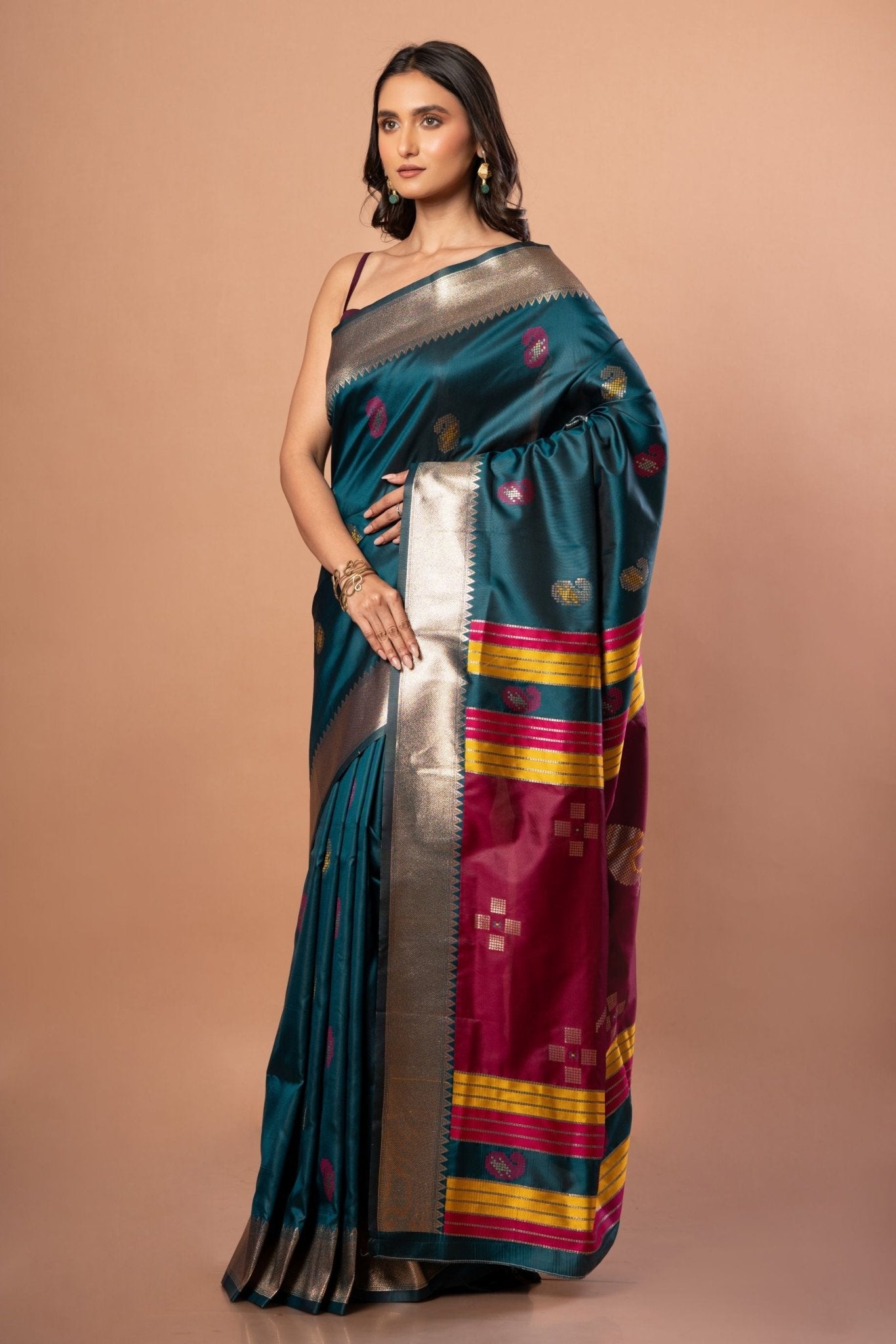 Blue Silk Saree with Golden Border and Pink Pallu - Anvi Couture