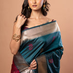 Blue Silk Saree with Golden Border and Pink Pallu - Anvi Couture
