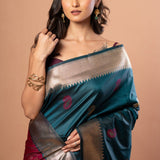 Blue Silk Saree with Golden Border and Pink Pallu - Anvi Couture