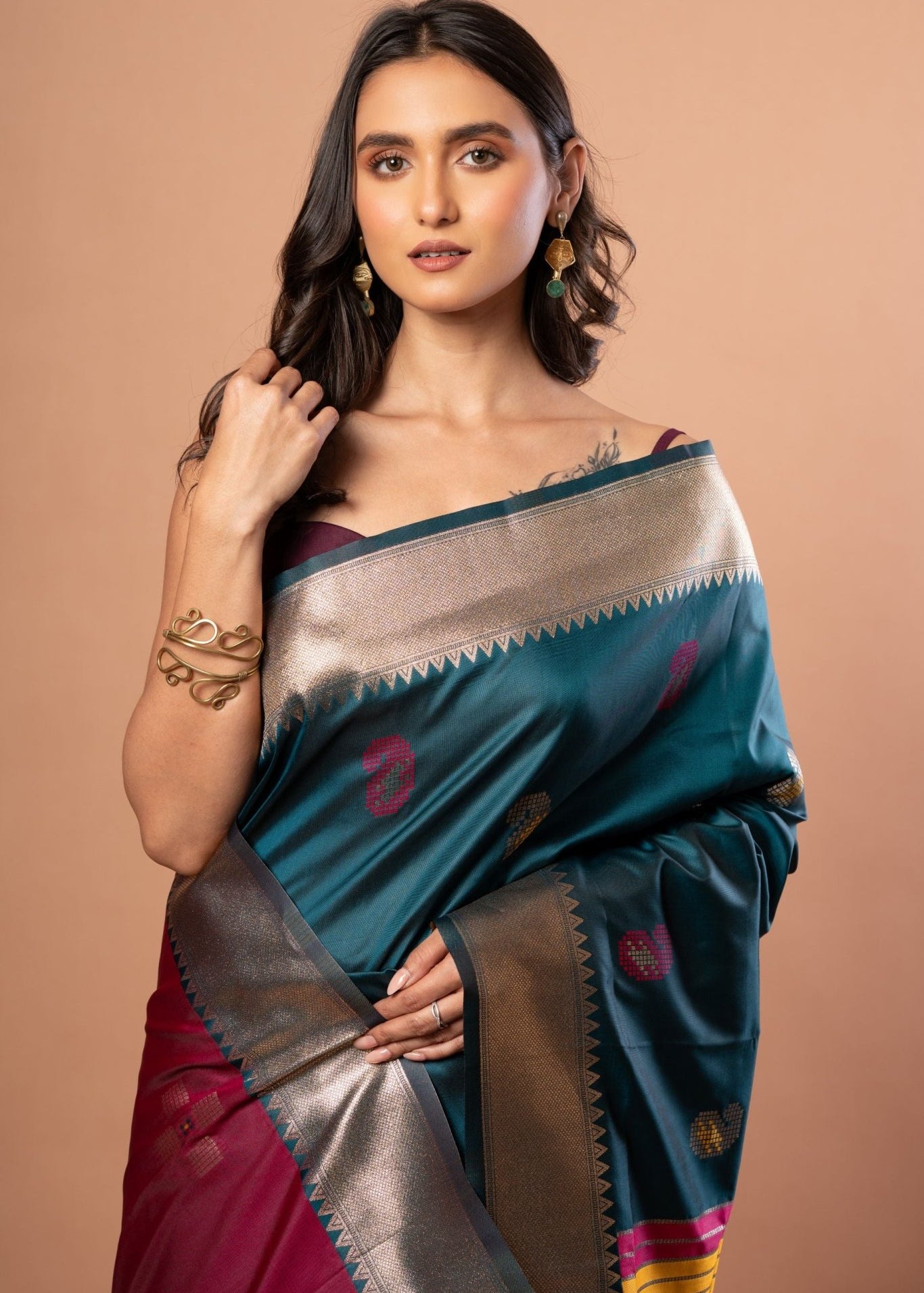 Blue Silk Saree with Golden Border and Pink Pallu - Anvi Couture