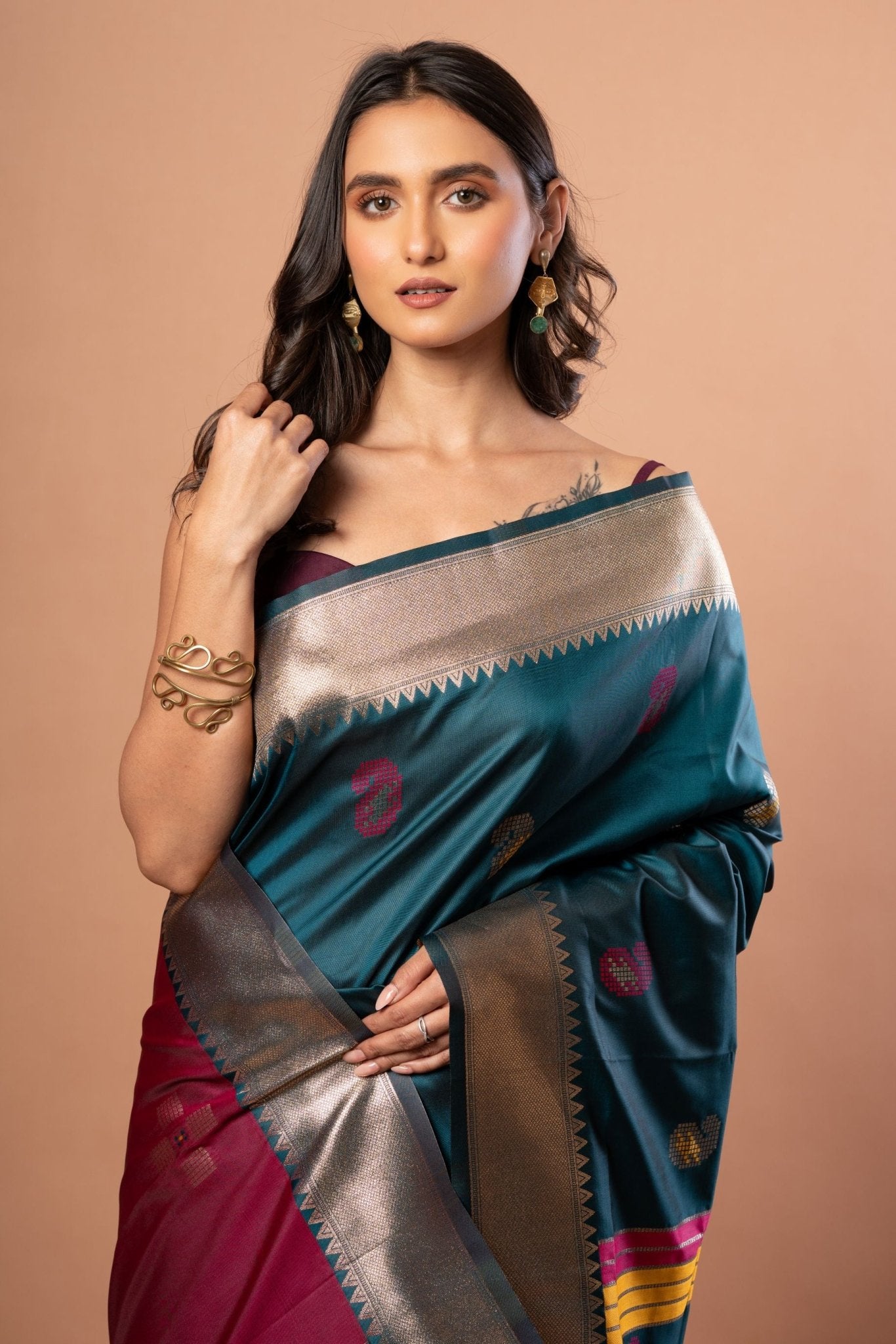 Blue Silk Saree with Golden Border and Pink Pallu - Anvi Couture