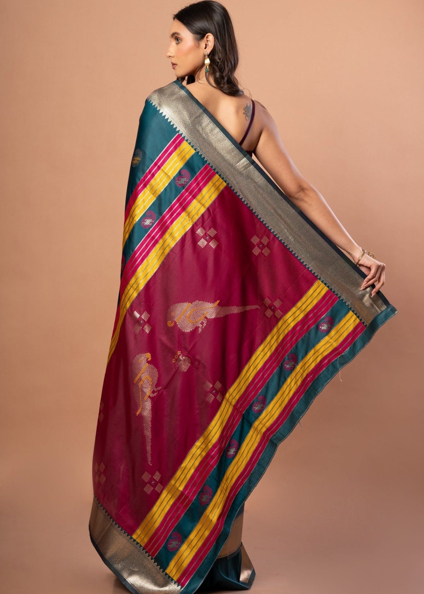 Blue Silk Saree with Golden Border and Pink Pallu - Anvi Couture