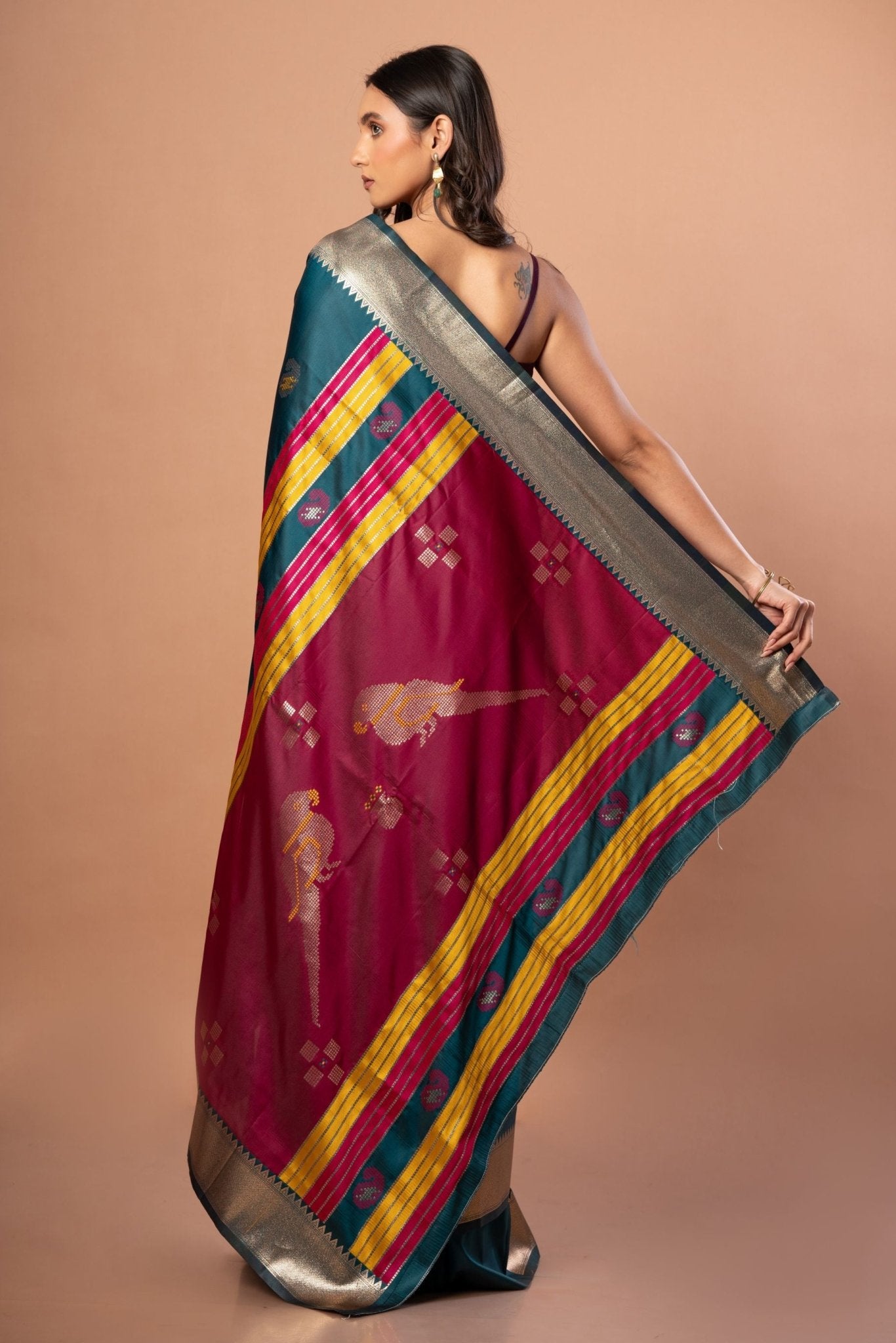 Blue Silk Saree with Golden Border and Pink Pallu - Anvi Couture