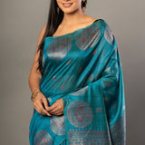 Blue Silk Saree with Silver Zari Border and Pallu - Anvi Couture