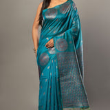 Blue Silk Saree with Silver Zari Border and Pallu - Anvi Couture