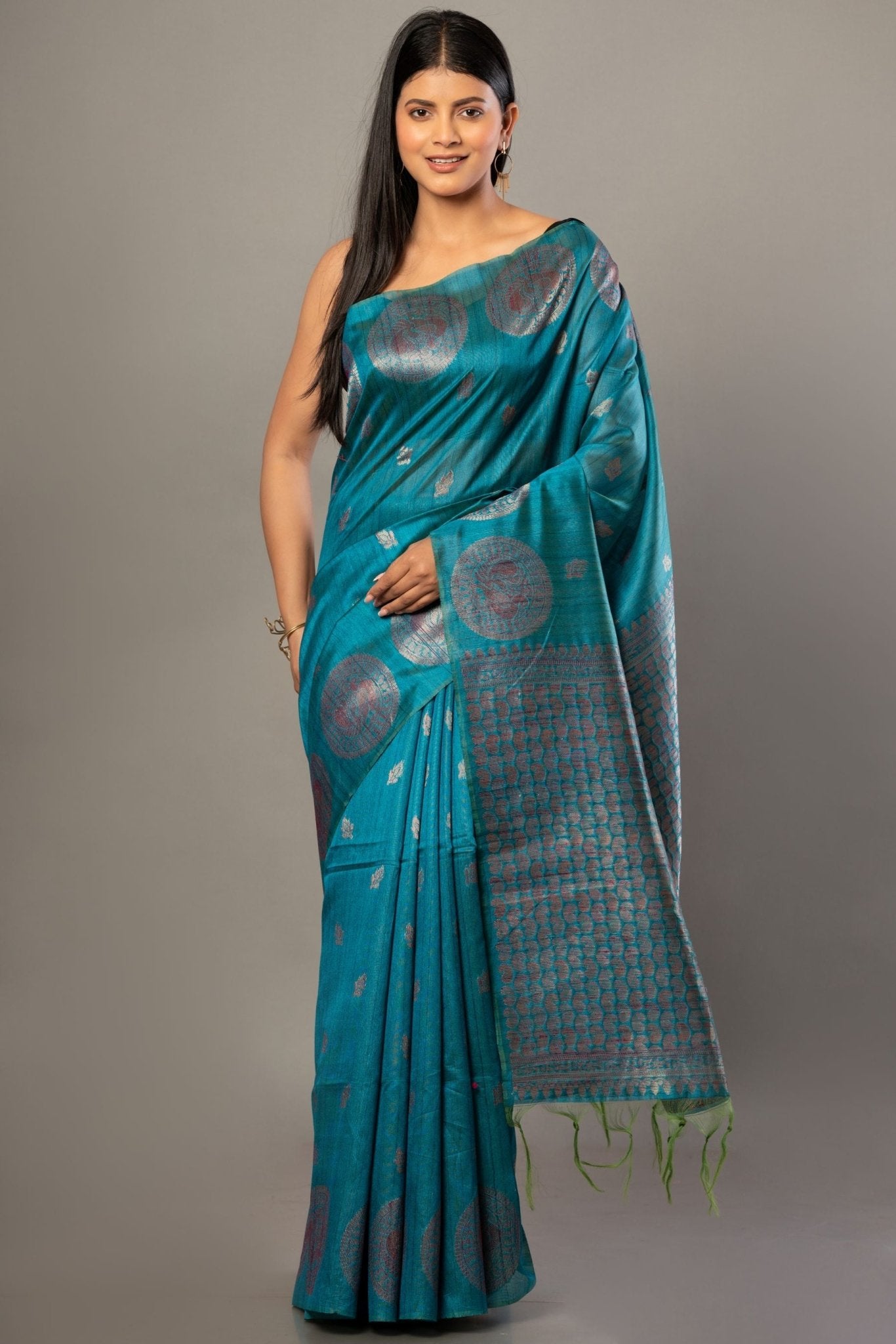 Blue Silk Saree with Silver Zari Border and Pallu - Anvi Couture