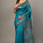 Blue Silk Saree with Silver Zari Border and Pallu - Anvi Couture