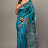Blue Silk Saree with Silver Zari Border and Pallu - Anvi Couture