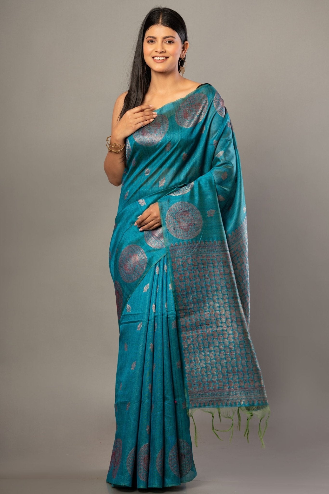 Blue Silk Saree with Silver Zari Border and Pallu - Anvi Couture