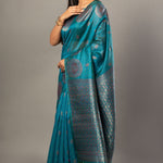 Blue Silk Saree with Silver Zari Border and Pallu - Anvi Couture
