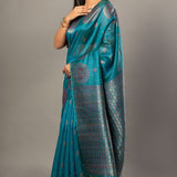 Blue Silk Saree with Silver Zari Border and Pallu - Anvi Couture