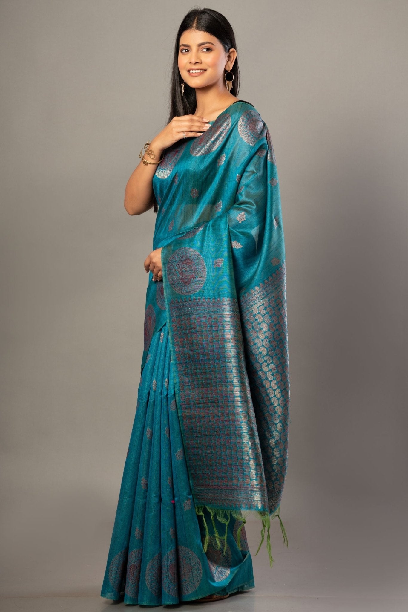 Blue Silk Saree with Silver Zari Border and Pallu - Anvi Couture