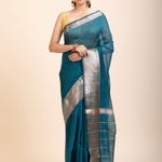 Blue Soft Silk Saree With Golden Border - Anvi Couture