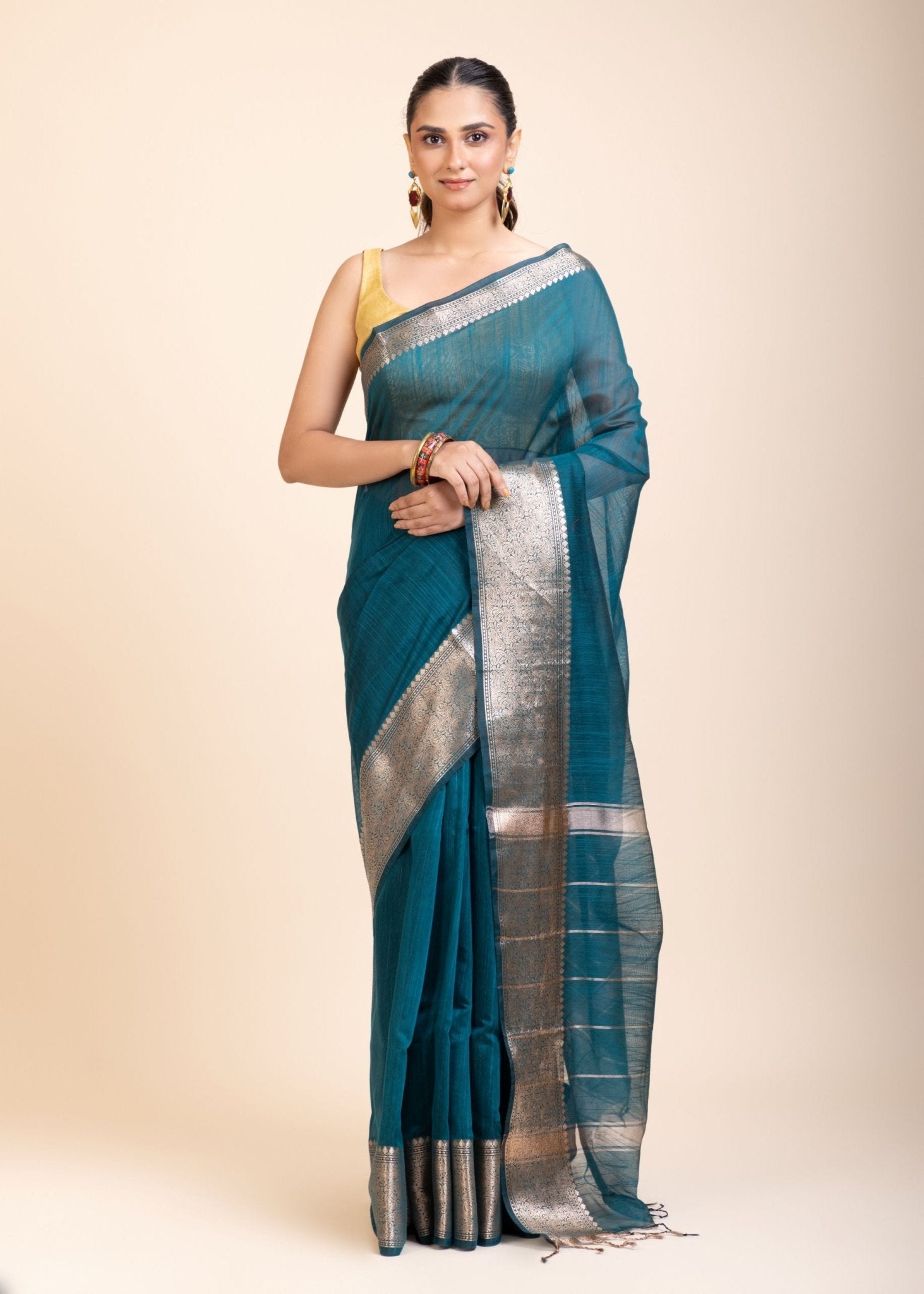 Blue Soft Silk Saree With Golden Border - Anvi Couture