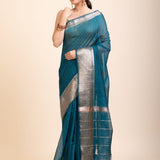 Blue Soft Silk Saree With Golden Border - Anvi Couture