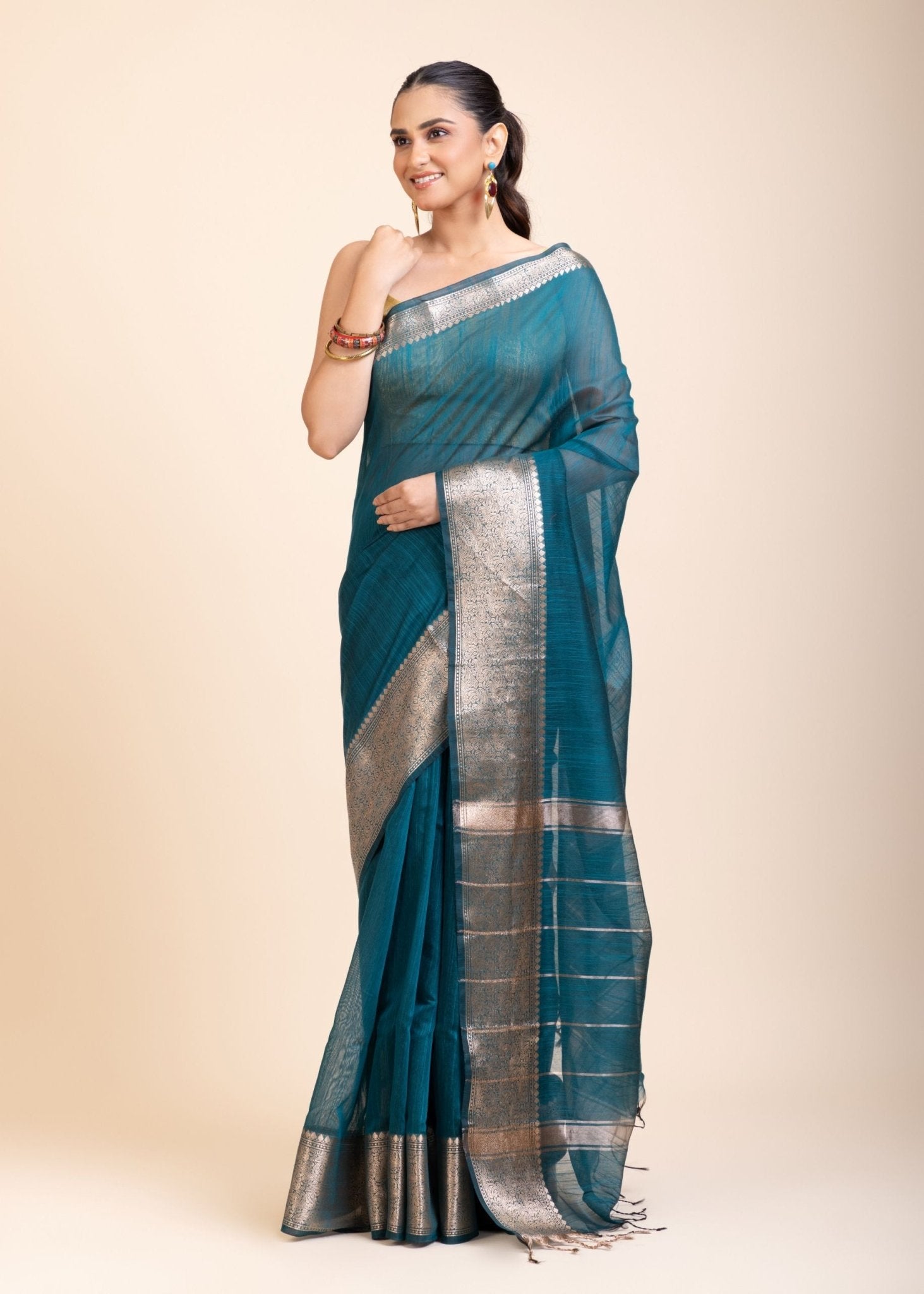 Blue Soft Silk Saree With Golden Border - Anvi Couture