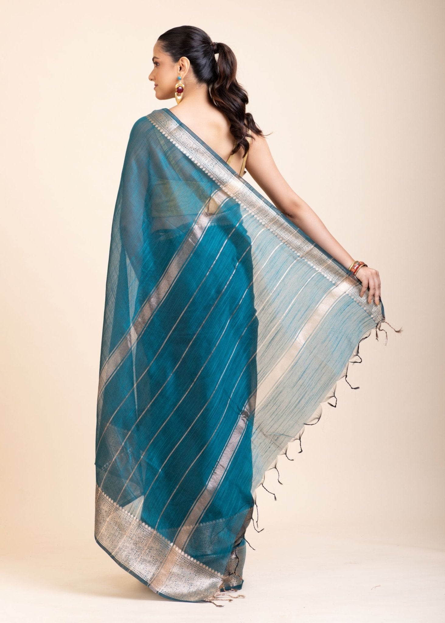 Blue Soft Silk Saree With Golden Border - Anvi Couture