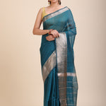 Blue Soft Silk Saree With Golden Border full