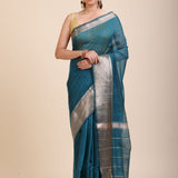 Blue Soft Silk Saree With Golden Border full