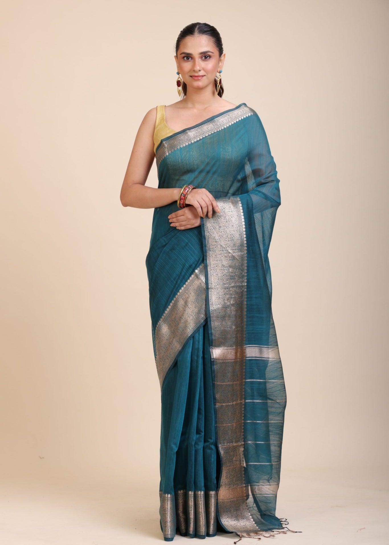 Blue Soft Silk Saree With Golden Border - Anvi Couture