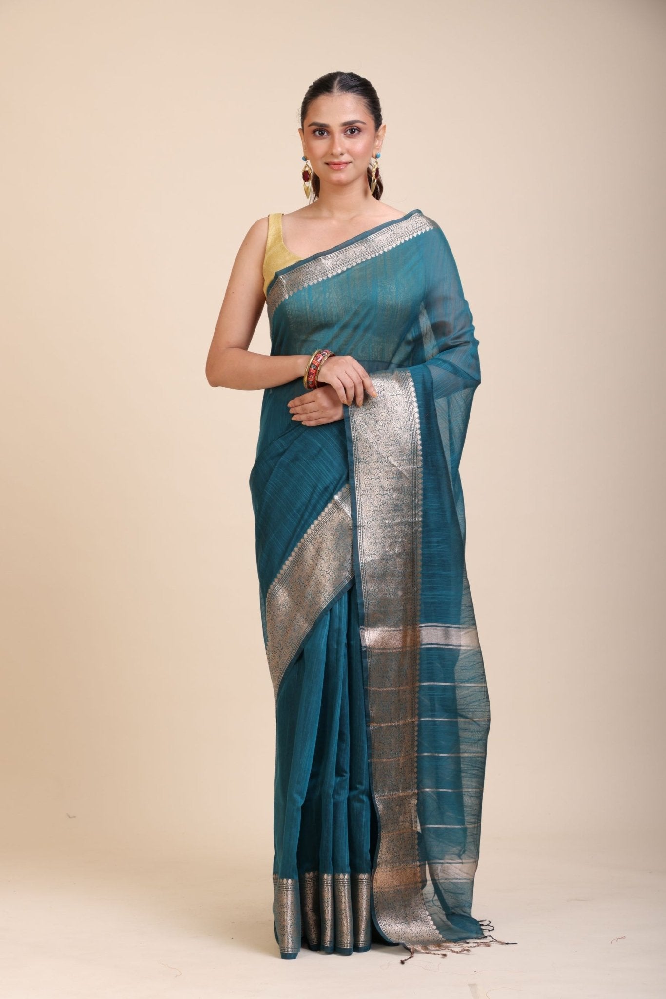 Blue Soft Silk Saree With Golden Border - Anvi Couture