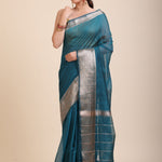 Blue Soft Silk Saree With Golden Border front