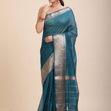 Blue Soft Silk Saree With Golden Border front