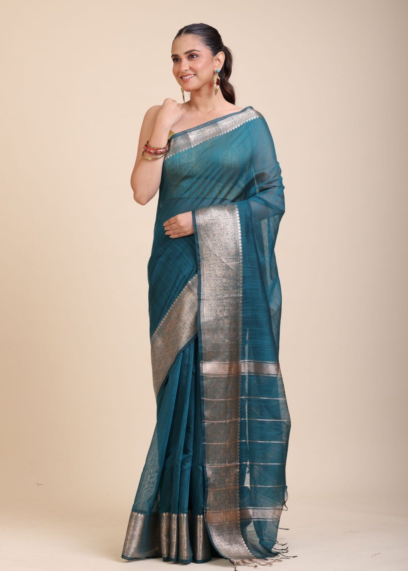 Blue Soft Silk Saree With Golden Border - Anvi Couture