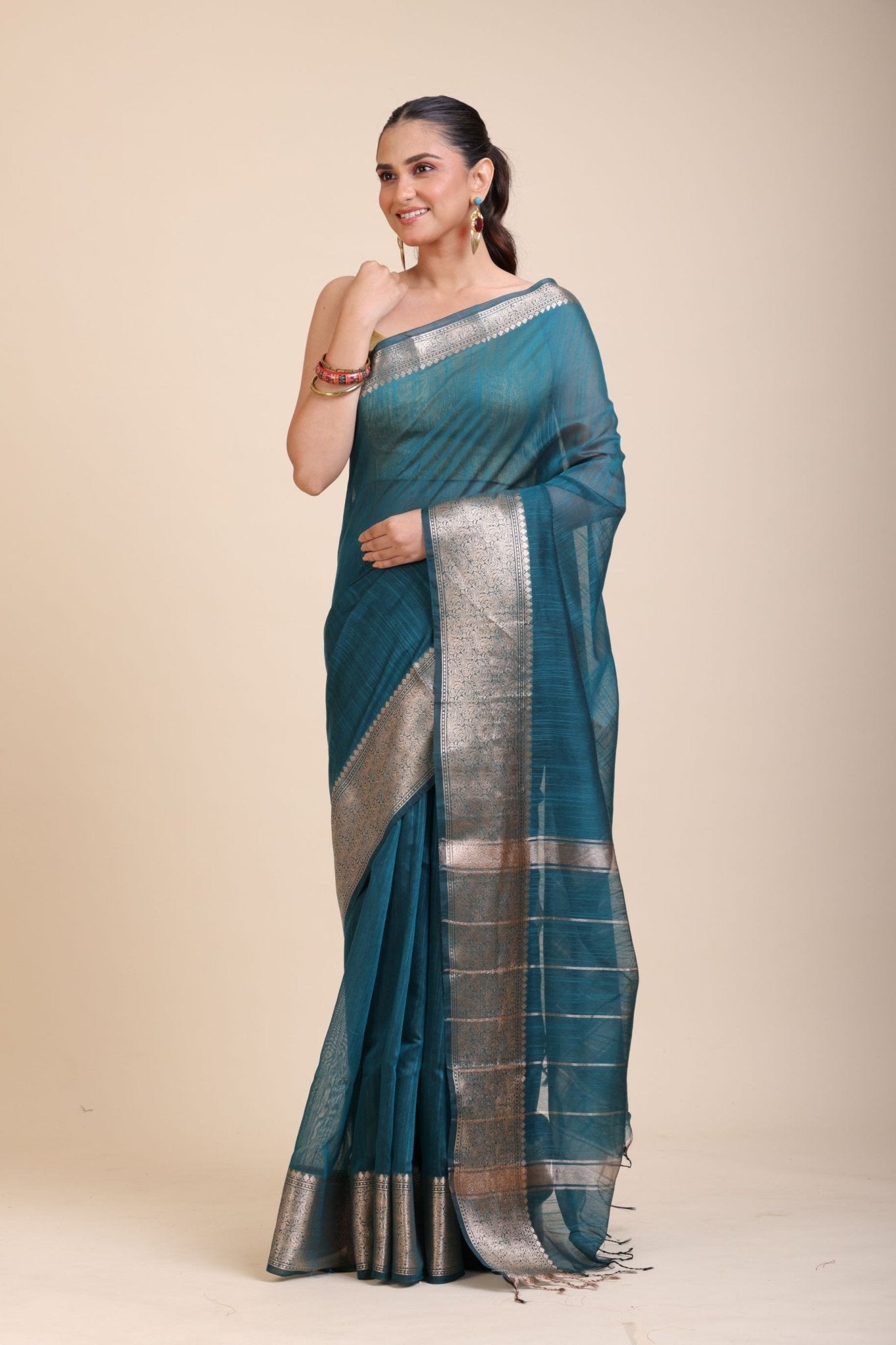 Blue Soft Silk Saree With Golden Border - Anvi Couture