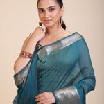 Blue Soft Silk Saree With Golden Border close up