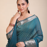 Blue Soft Silk Saree With Golden Border close up