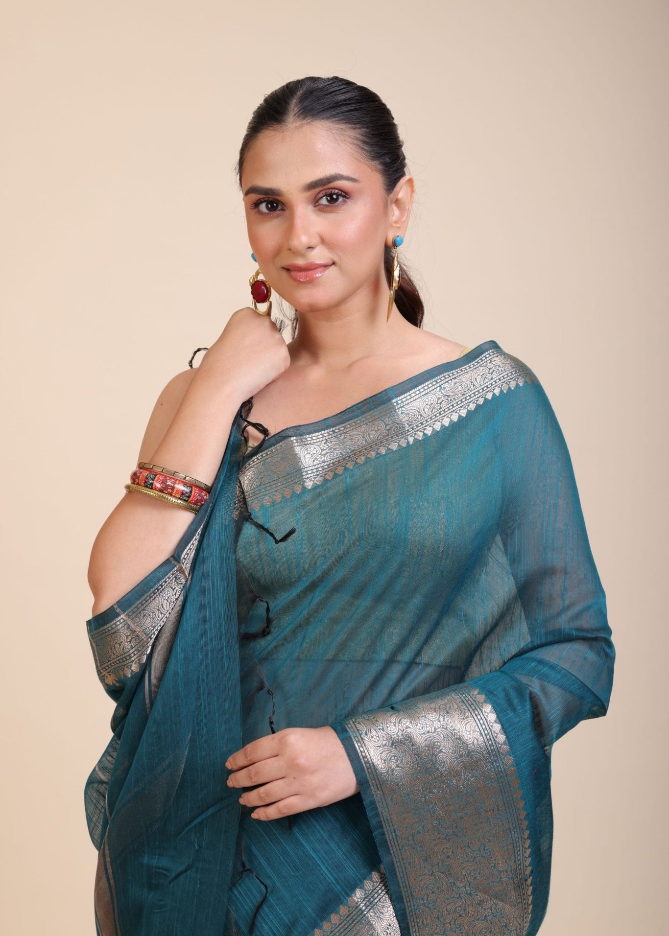 Blue Soft Silk Saree With Golden Border - Anvi Couture