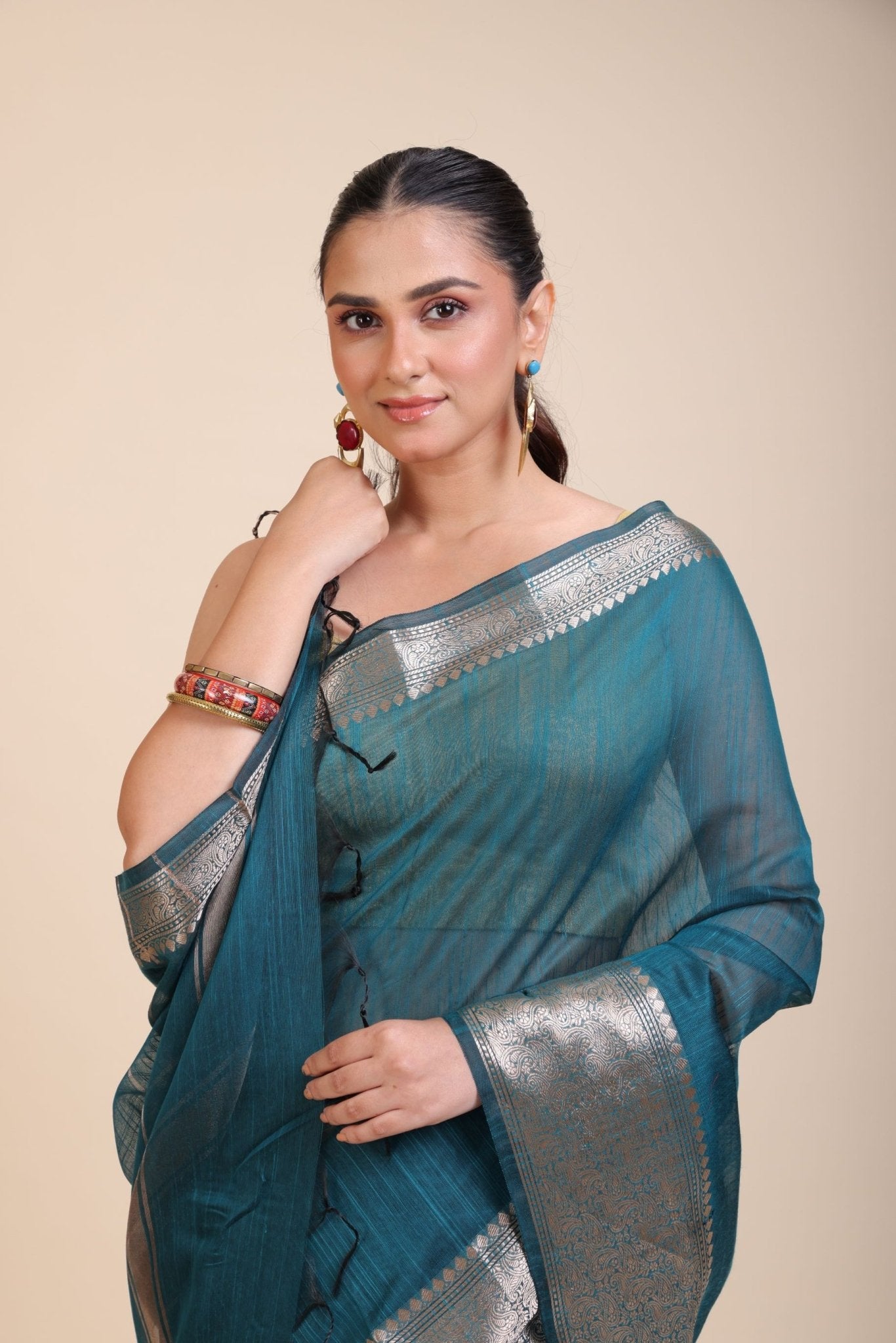 Blue Soft Silk Saree With Golden Border - Anvi Couture