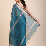 Blue Soft Silk Saree With Golden Border back