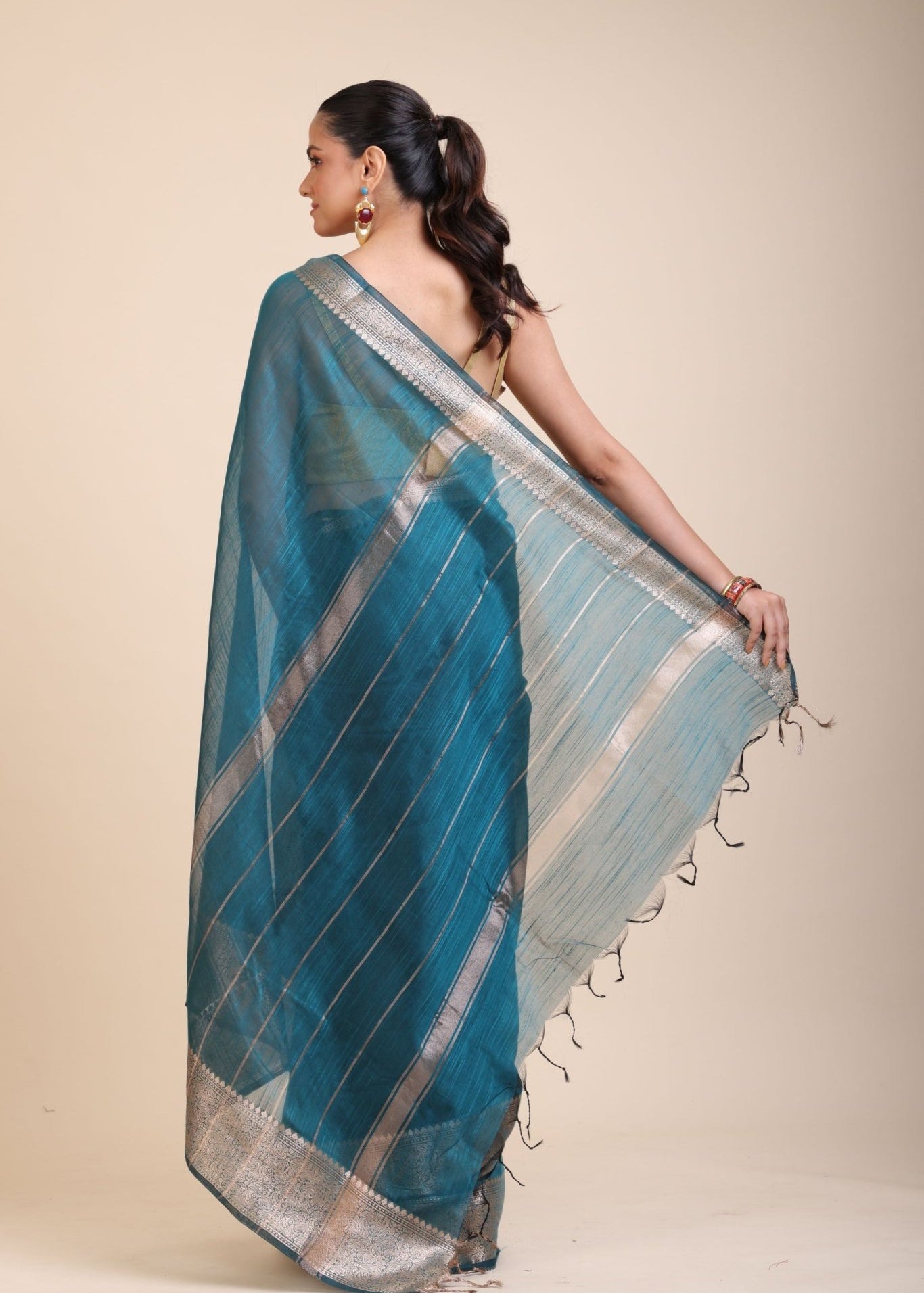 Blue Soft Silk Saree With Golden Border - Anvi Couture