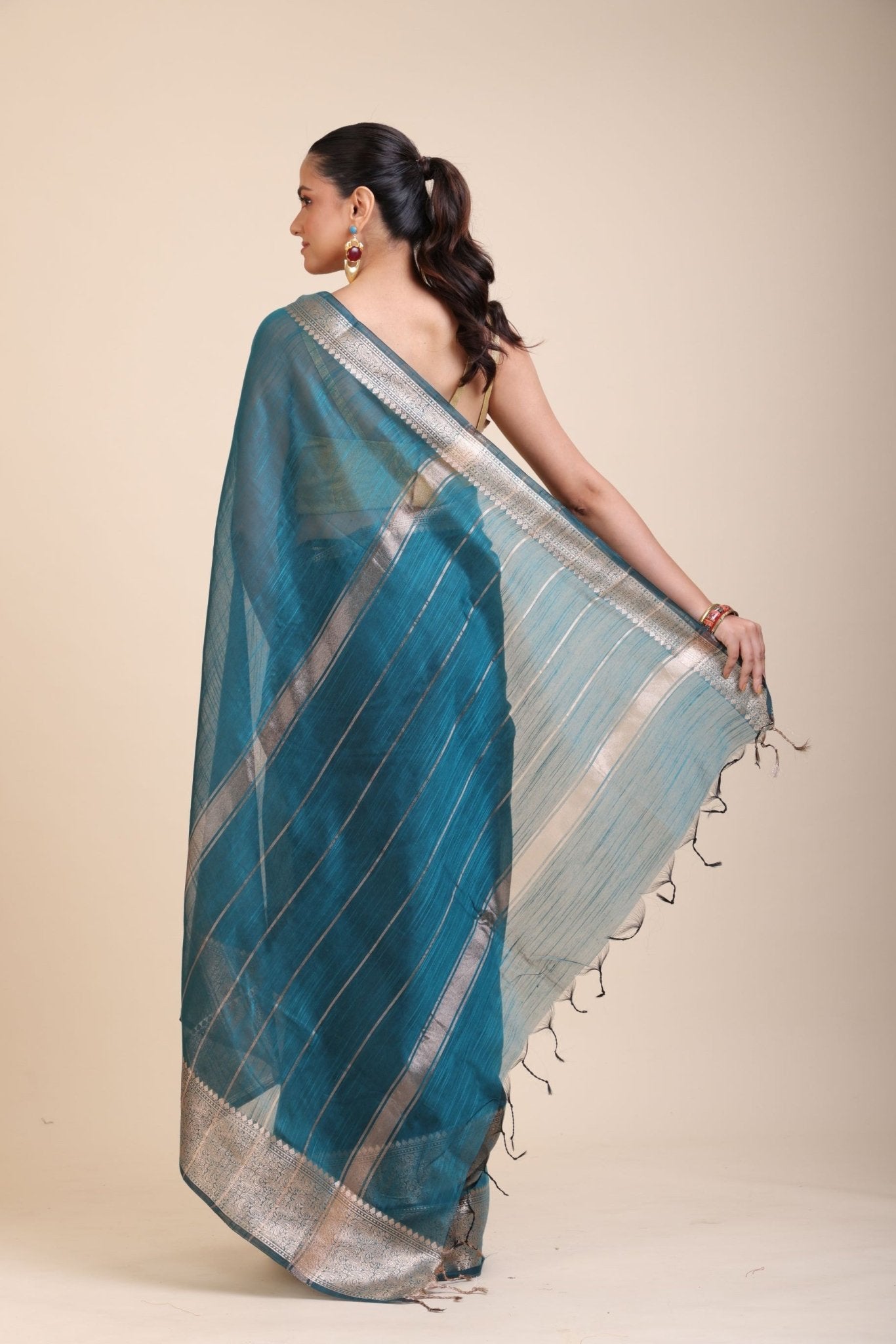 Blue Soft Silk Saree With Golden Border - Anvi Couture