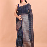Blue Soft Silk Saree with Mat Gold Border - Anvi Couture