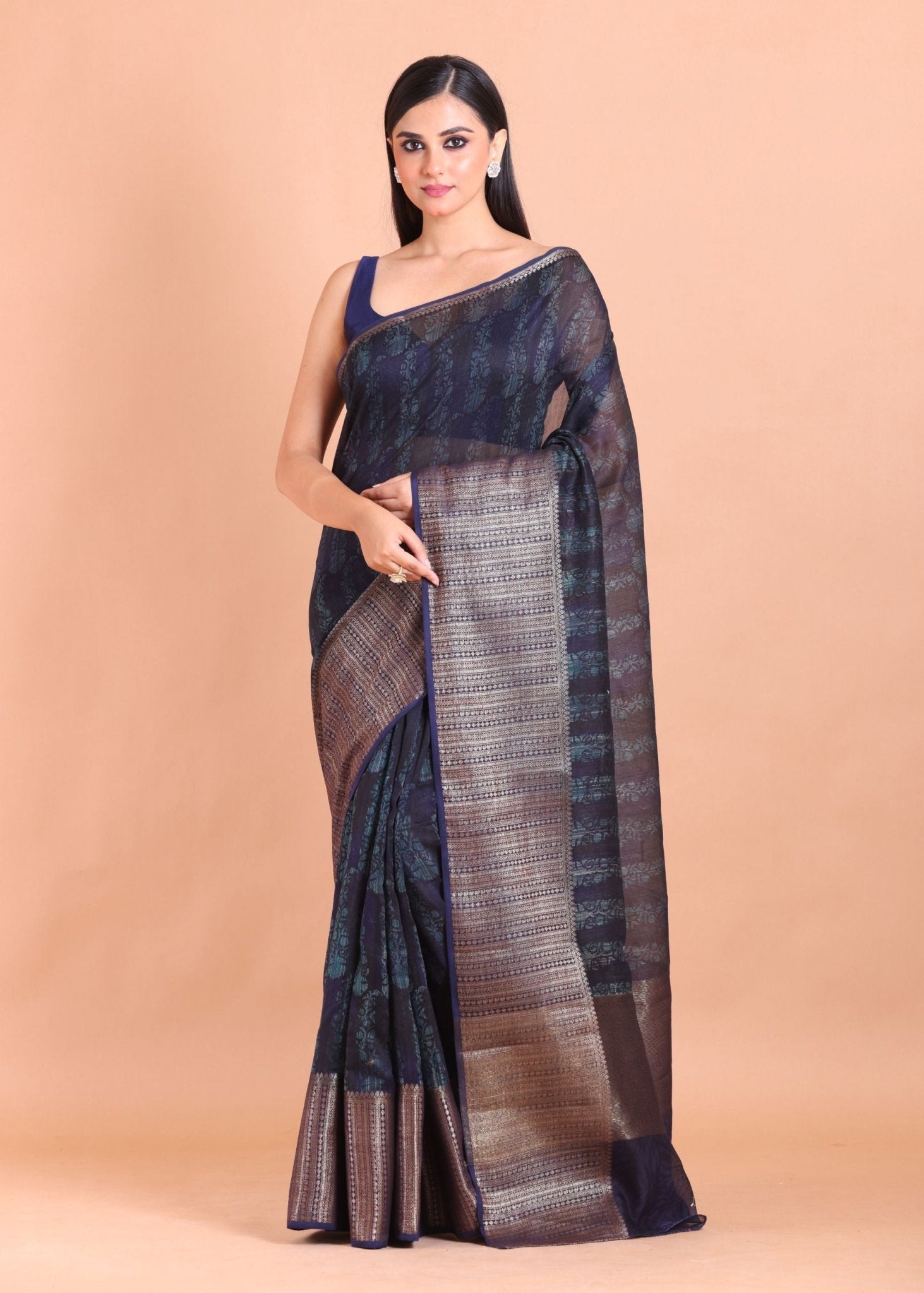 Blue Soft Silk Saree with Mat Gold Border - Anvi Couture