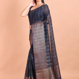 Blue Soft Silk Saree with Mat Gold Border - Anvi Couture